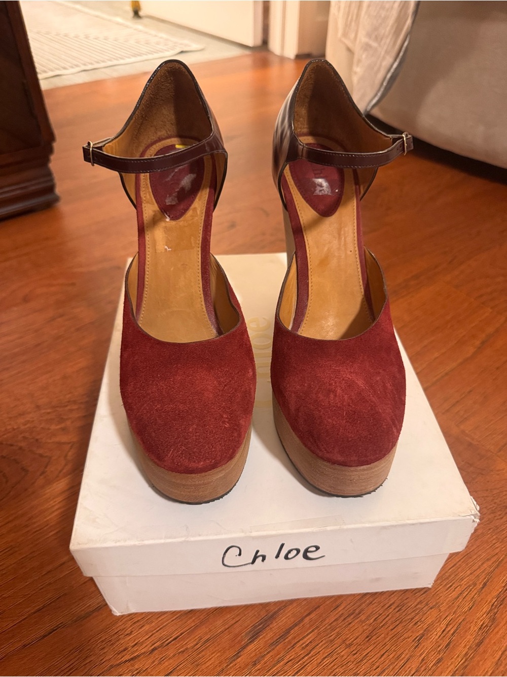 Chloe Burgundy Suede Platform Mary Jane Heels